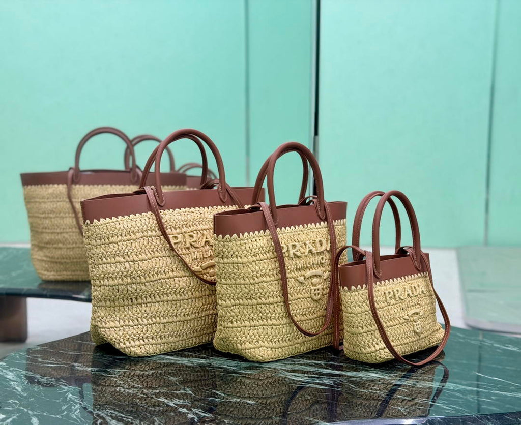 Prada Mini crochet and leather tote bag 1BG501 Brown