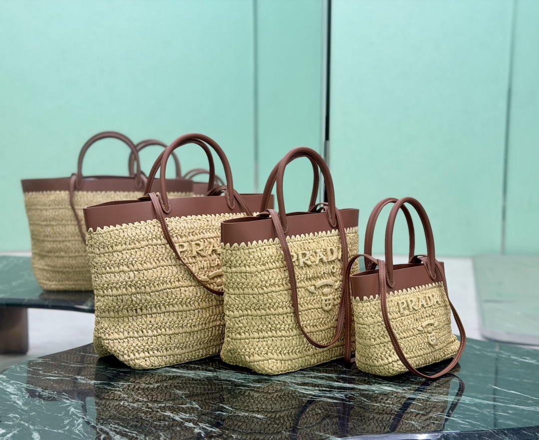 Prada Mini crochet and leather tote bag 1BG501 Brown