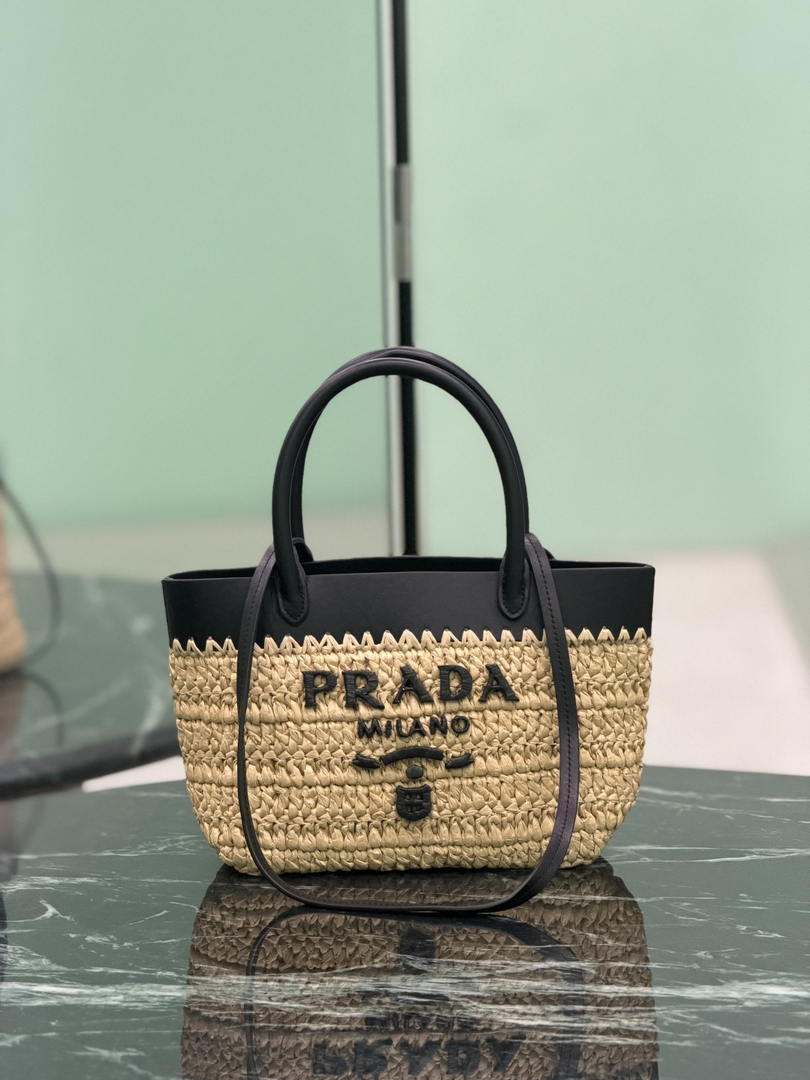Prada Mini crochet and leather tote bag 1BG501 Black