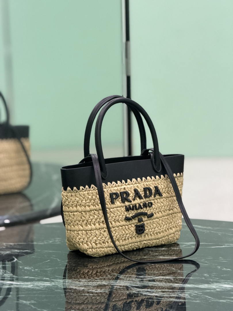 Prada Mini crochet and leather tote bag 1BG501 Black