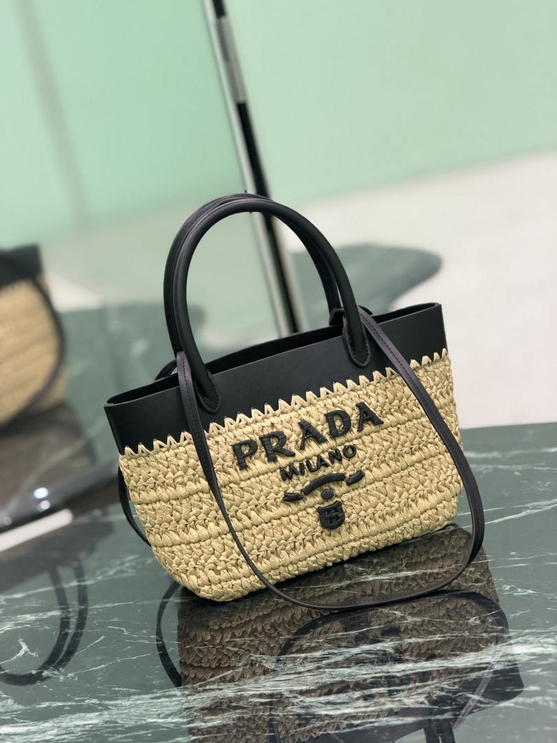 Prada Mini crochet and leather tote bag 1BG501 Black