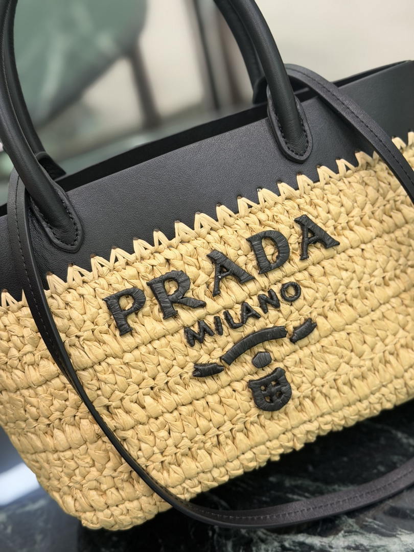 Prada Mini crochet and leather tote bag 1BG501 Black