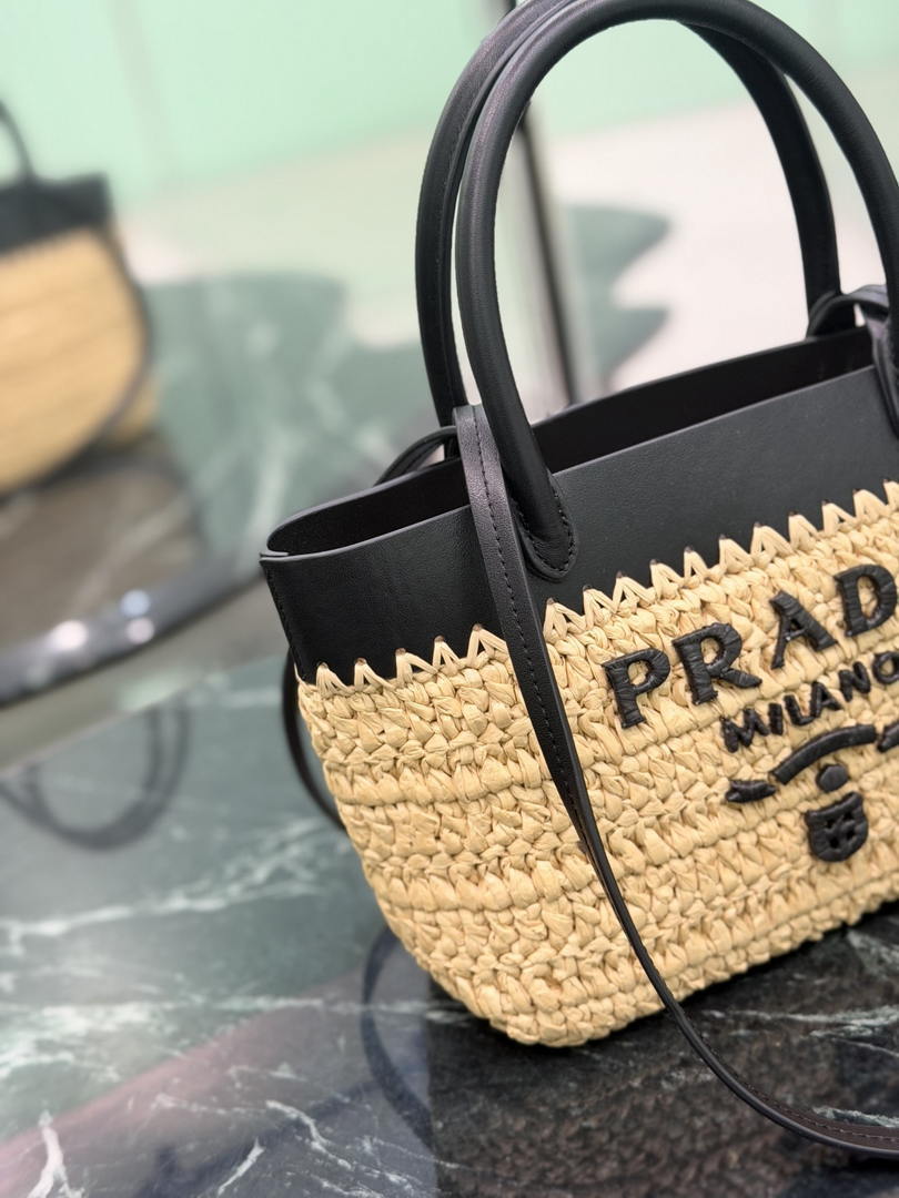 Prada Mini crochet and leather tote bag 1BG501 Black