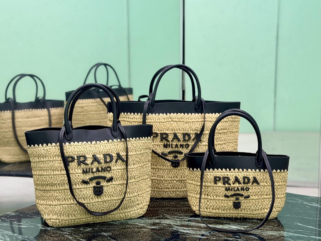 Prada Mini crochet and leather tote bag 1BG501 Black