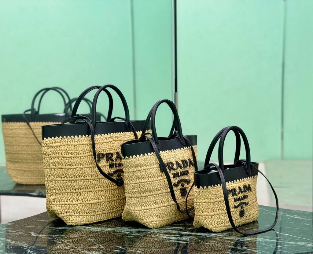 Prada Mini crochet and leather tote bag 1BG501 Black