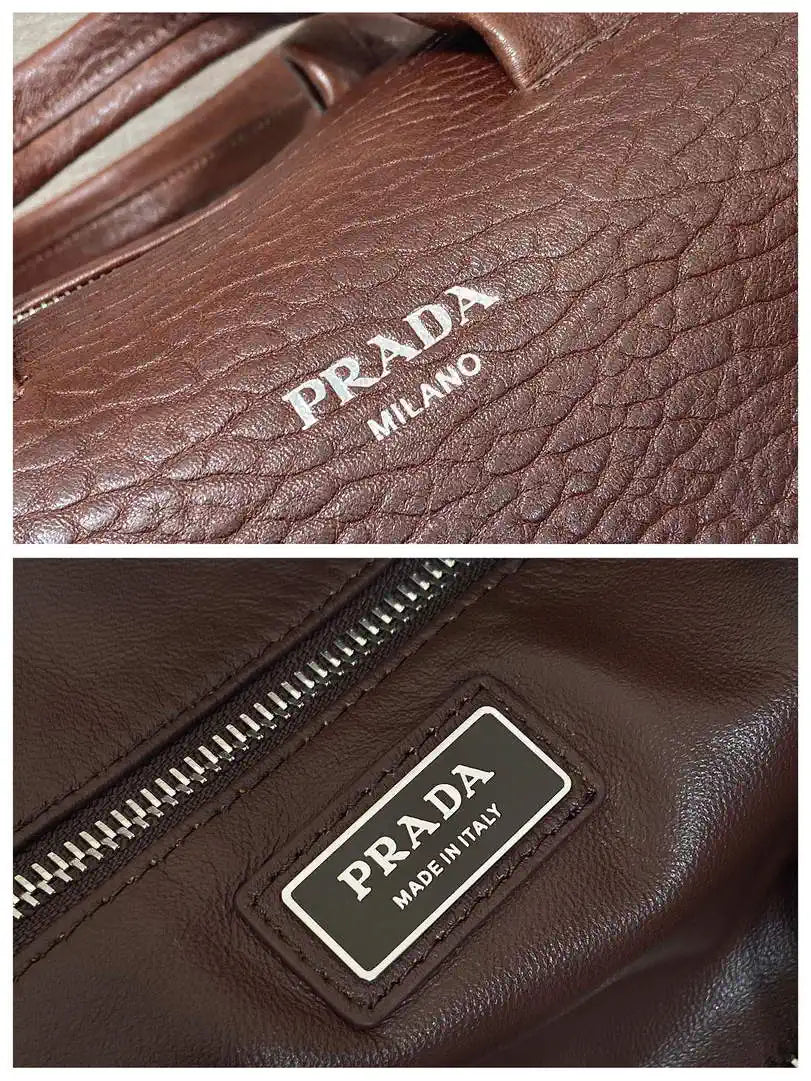 Prada Small Lambskin leather duffle bag 2VC046 Dark Brown