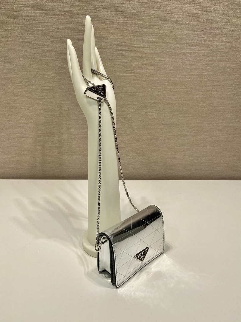 Prada studded card holder with shoulder strap 1MR024 Silver
