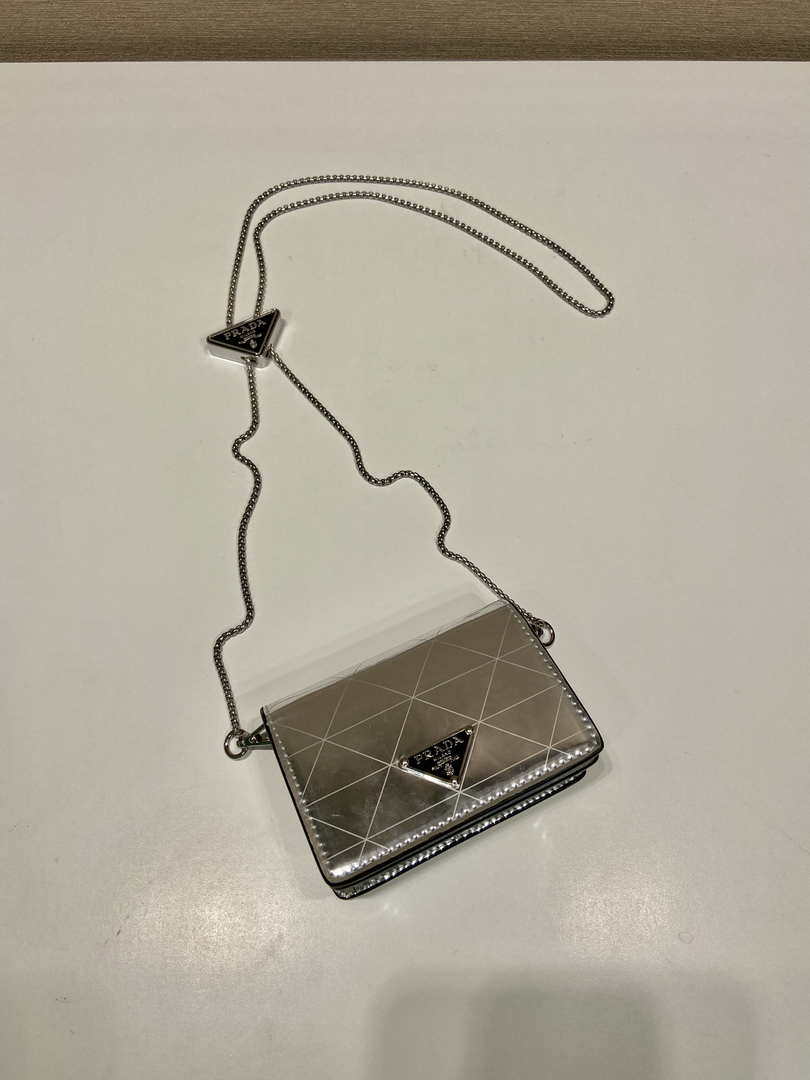 Prada studded card holder with shoulder strap 1MR024 Silver