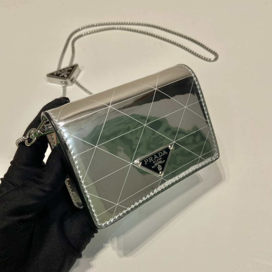 Prada studded card holder with shoulder strap 1MR024 Silver