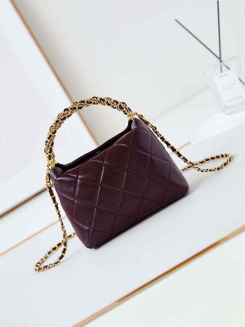 Chanel AS4189 Hobo braided With top handle Shiny Lambskin & Gold-Tone Metal Wine Red