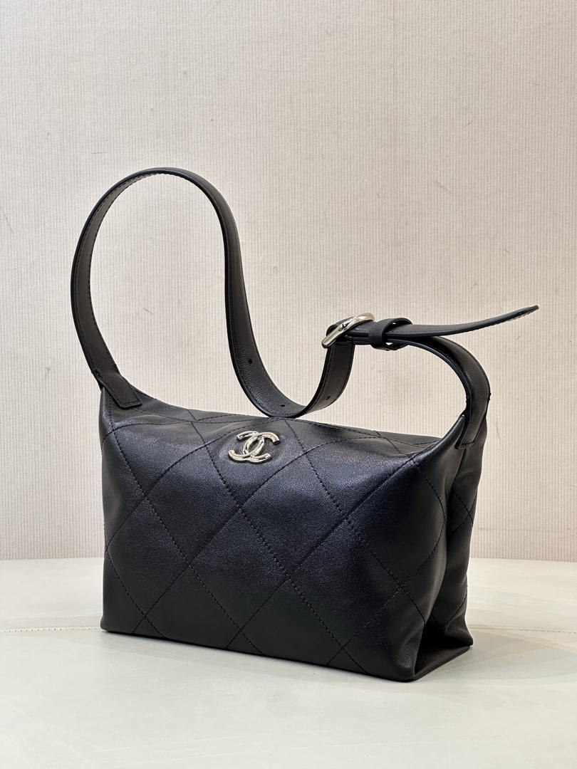 Chanel AS6138 Hobo Handbag Shiny Lambskin & Gold-Tone Metal Black - Default Title - View 6