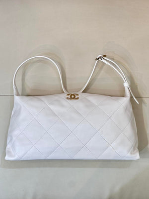 Chanel AS6139 Large Hobo Handbag Shiny Lambskin & Gold-Tone Metal White - Default Title - View 1