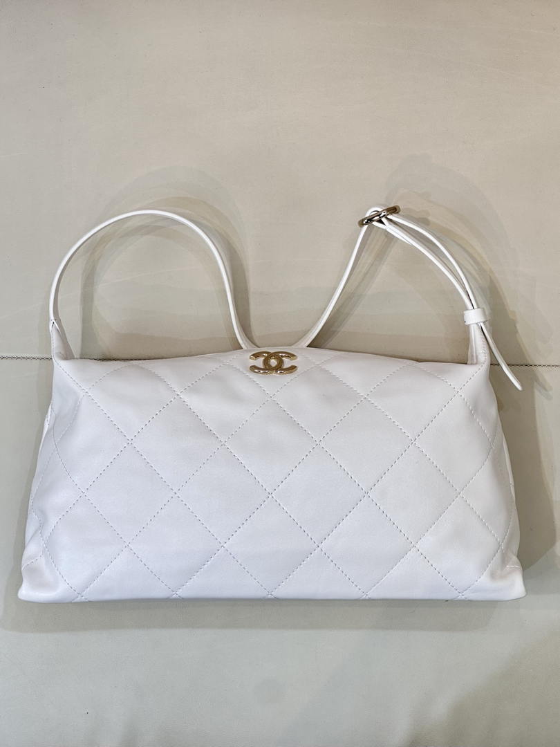 Chanel AS6139 Large Hobo Handbag Shiny Lambskin & Gold-Tone Metal White - Default Title - View 1