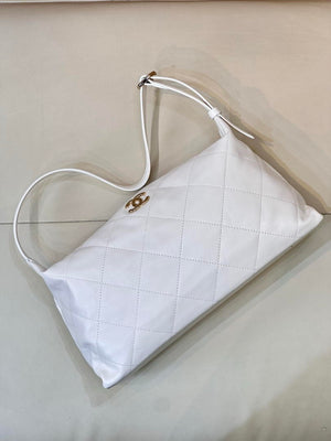 Chanel AS6139 Large Hobo Handbag Shiny Lambskin & Gold-Tone Metal White - Default Title - View 2