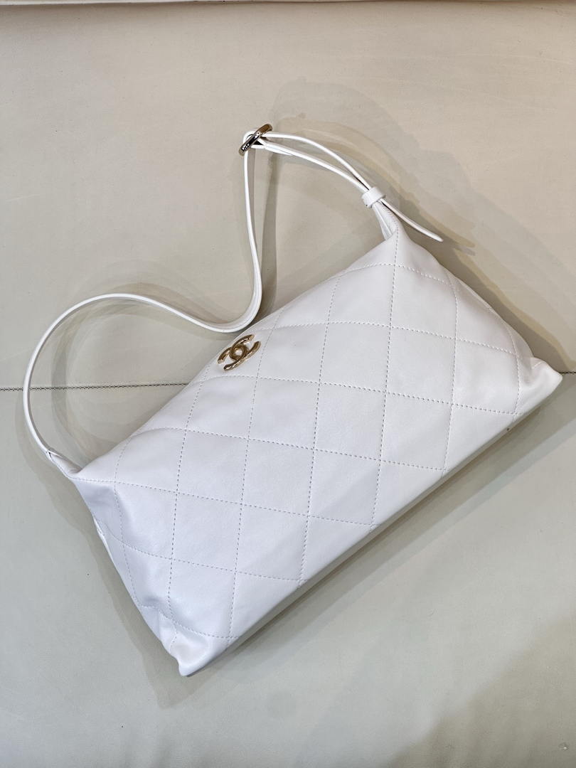 Chanel AS6139 Large Hobo Handbag Shiny Lambskin & Gold-Tone Metal White - Default Title - View 2