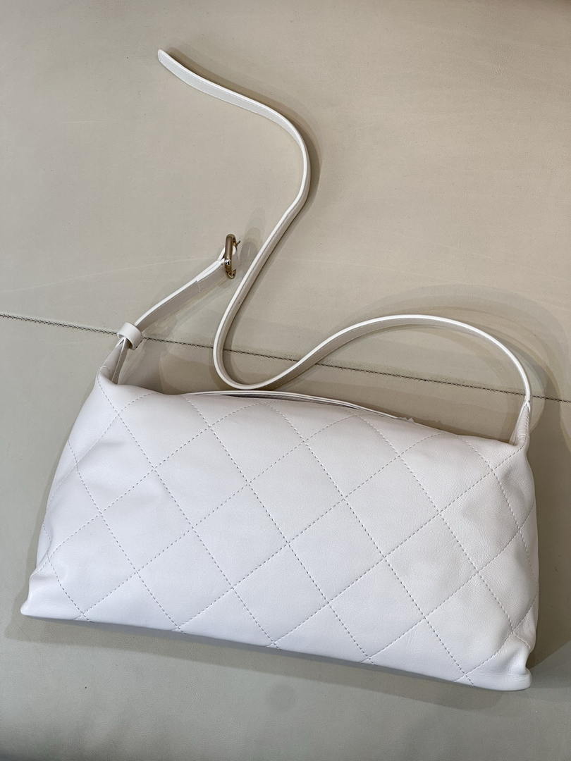 Chanel AS6139 Large Hobo Handbag Shiny Lambskin & Gold-Tone Metal White
