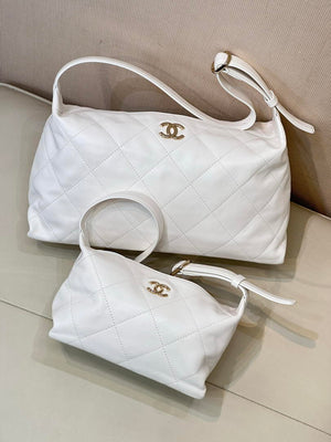Chanel AS6138 Hobo Handbag Shiny Lambskin & Gold-Tone Metal White - Default Title - View 1
