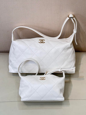 Chanel AS6139 Large Hobo Handbag Shiny Lambskin & Gold-Tone Metal White - Default Title - View 11