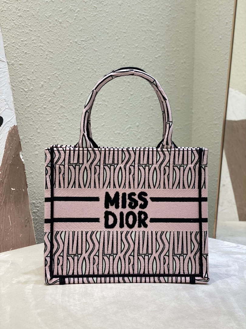 Dior M1265 Small Book Tote Black and Pink Miss Dior Allover Embroidery M9634