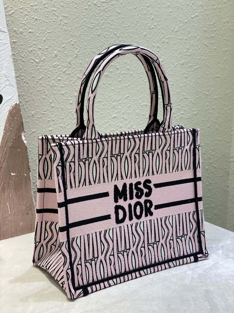 Dior M1265 Small Book Tote Black and Pink Miss Dior Allover Embroidery M9634