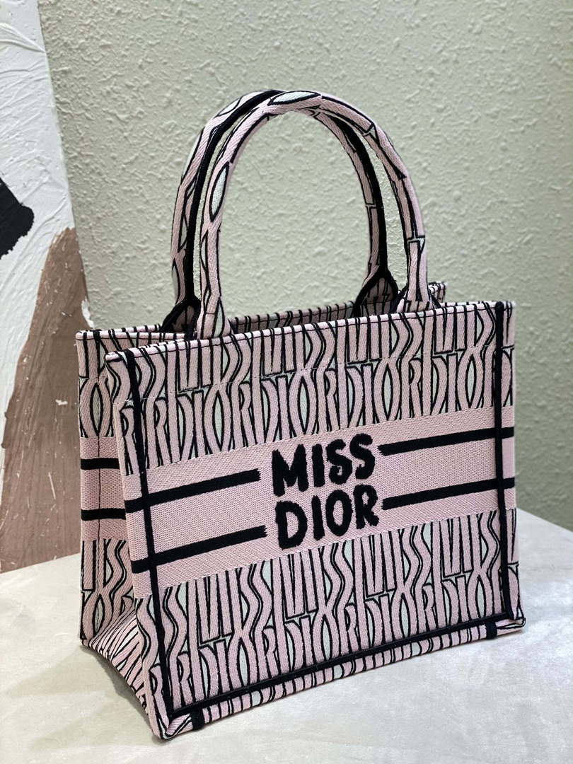 Dior M1265 Small Book Tote Black and Pink Miss Dior Allover Embroidery M9634