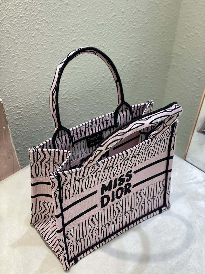 Dior M1265 Small Book Tote Black and Pink Miss Dior Allover Embroidery M9634