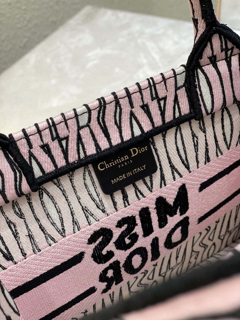 Dior M1265 Small Book Tote Black and Pink Miss Dior Allover Embroidery M9634