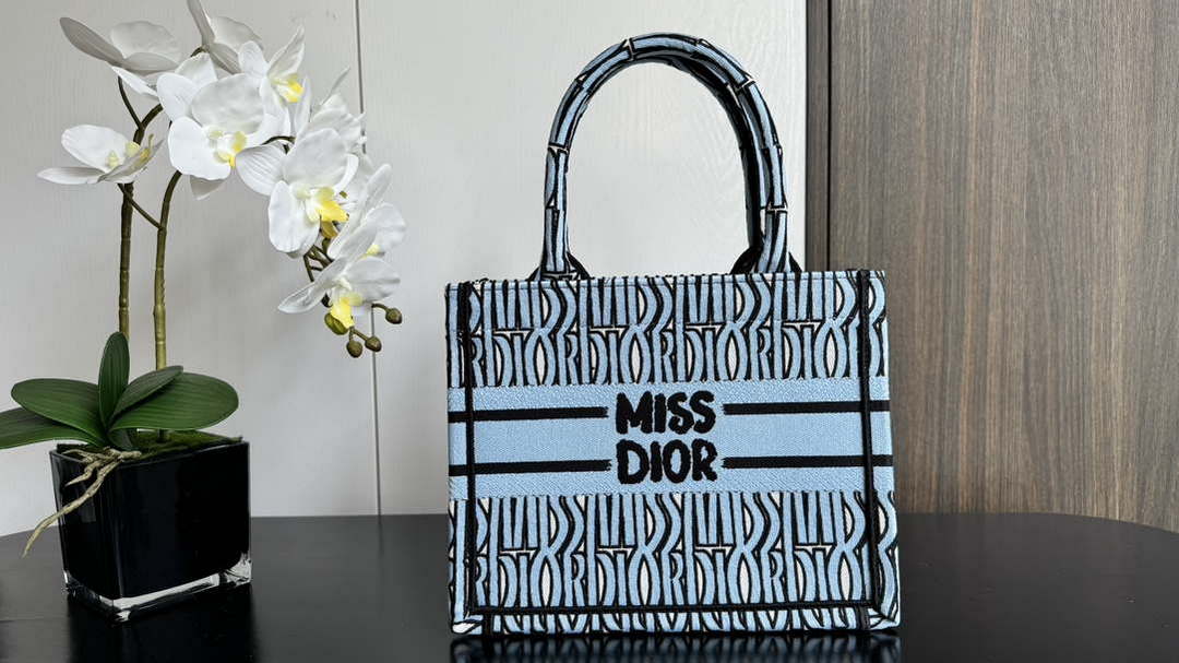 Dior M1265 Small Book Tote Blue and Black Miss Dior Allover Embroidery M9635