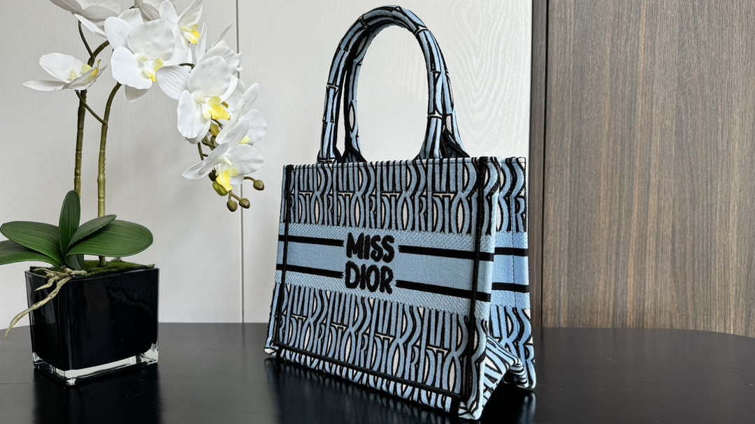 Dior M1265 Small Book Tote Blue and Black Miss Dior Allover Embroidery M9635