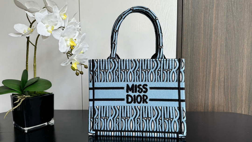 Dior M1265 Small Book Tote Blue and Black Miss Dior Allover Embroidery M9635