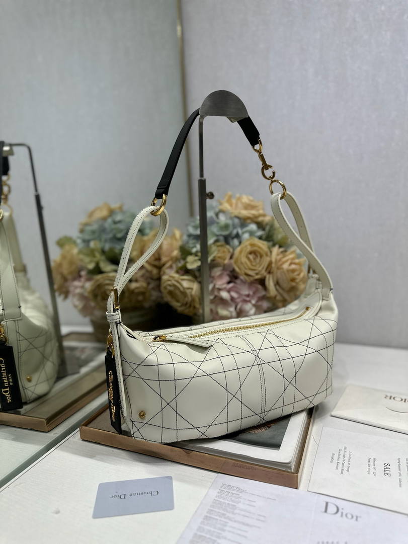 Dior M2416 Small D-Journey Bag in Two-Tone Calfskin White Flat Macrocannage with Contrasting Black Topstitching