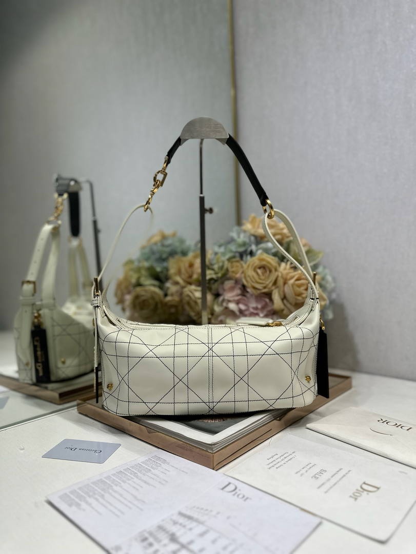 Dior M2416 Small D-Journey Bag in Two-Tone Calfskin White Flat Macrocannage with Contrasting Black Topstitching