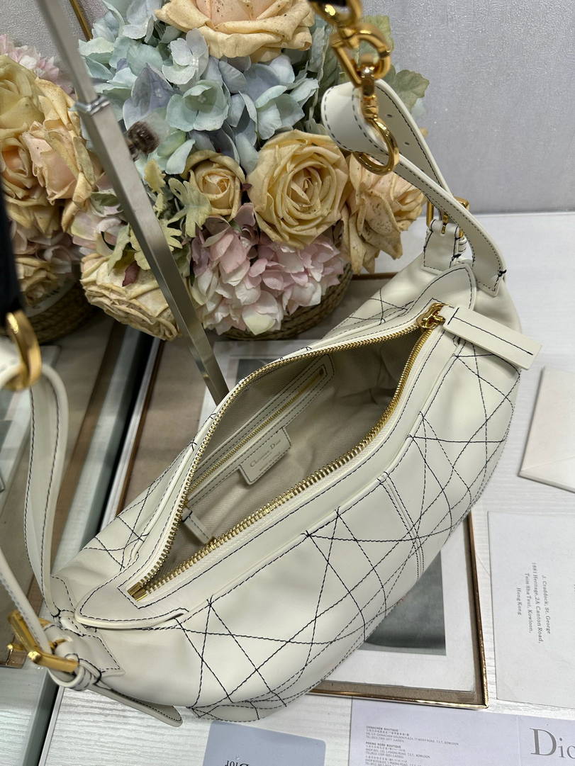 Dior M2416 Small D-Journey Bag in Two-Tone Calfskin White Flat Macrocannage with Contrasting Black Topstitching