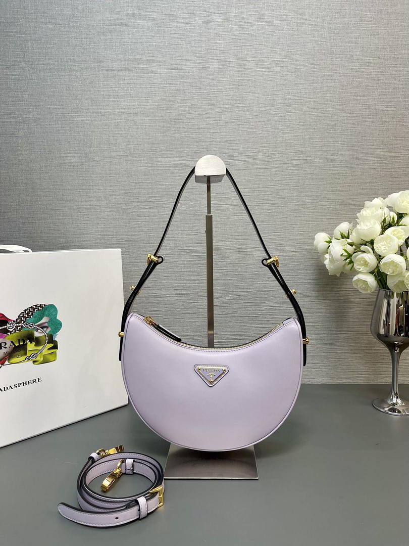 Prada 1BC194 Prada Arqué Re-Nylon and Brushed Leather Shoulder Bag Ligth Purple