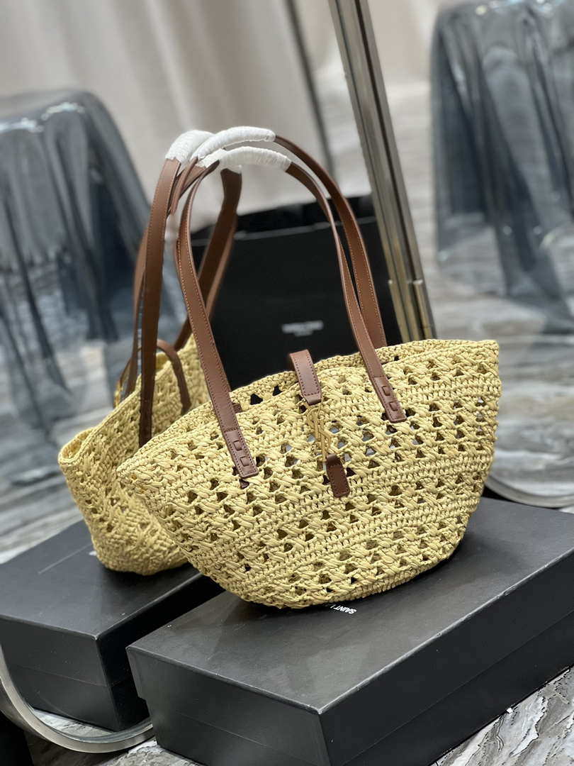 Saint Laurent 685618 YSL Panier Medium Bag In Raffia Apricot
