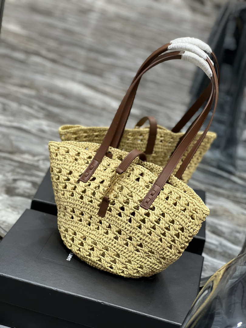 Saint Laurent 685618 YSL Panier Medium Bag In Raffia Apricot