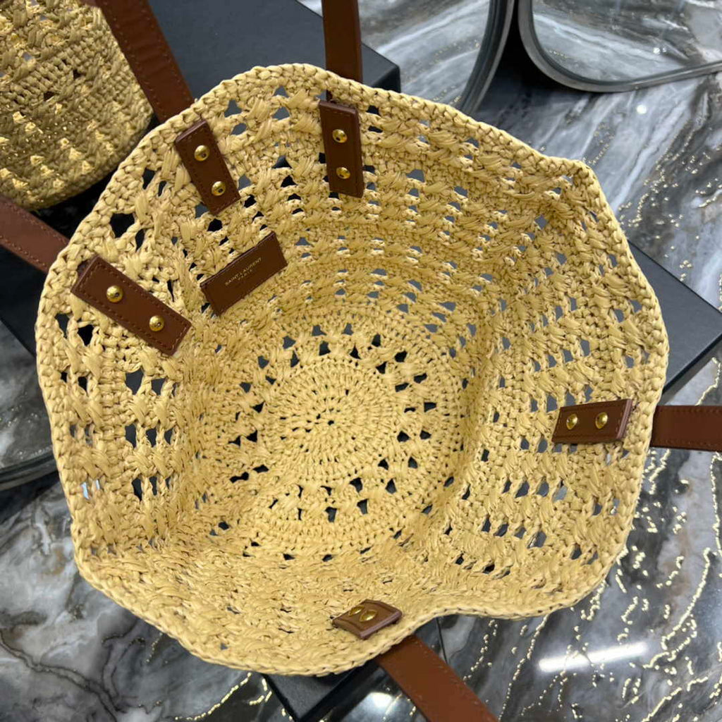 Saint Laurent 685618 YSL Panier Medium Bag In Raffia Apricot