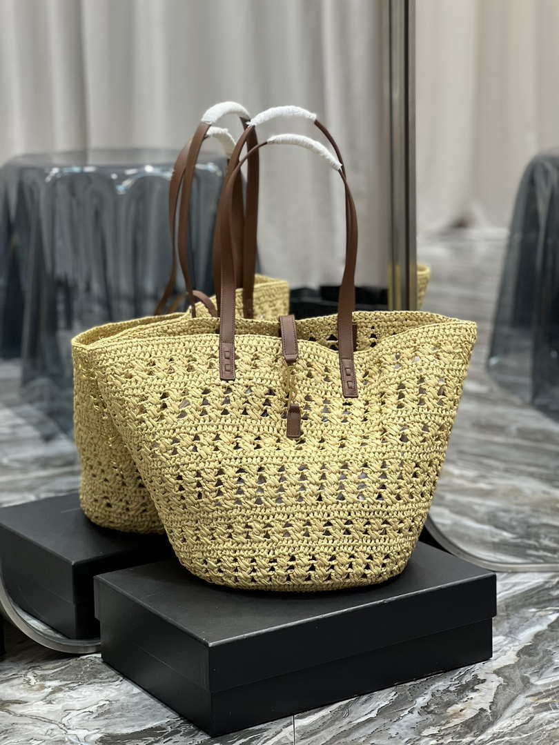 Saint Laurent 688221 YSL Panier Maxi Bag In Raffia Apricot - Default Title - View 1