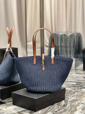 Saint Laurent 688221 YSL Panier Maxi Bag In Raffia Navy Blue - Default Title - View 1