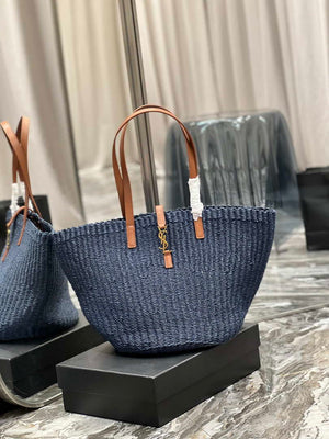 Saint Laurent 688221 YSL Panier Maxi Bag In Raffia Navy Blue - Default Title - View 2