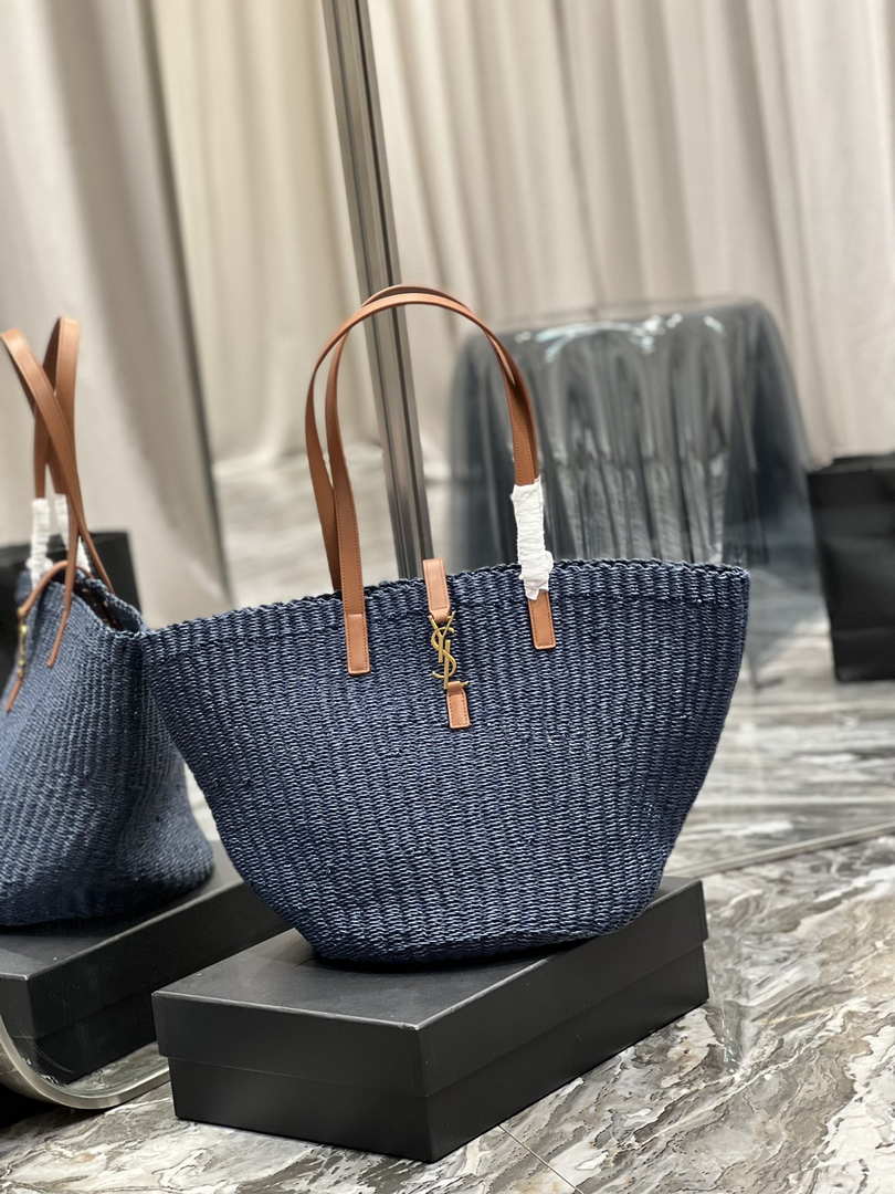 Saint Laurent 688221 YSL Panier Maxi Bag In Raffia Navy Blue - Default Title - View 2