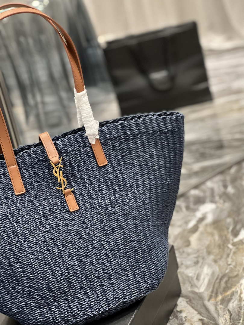 Saint Laurent 688221 YSL Panier Maxi Bag In Raffia Navy Blue - Default Title - View 3