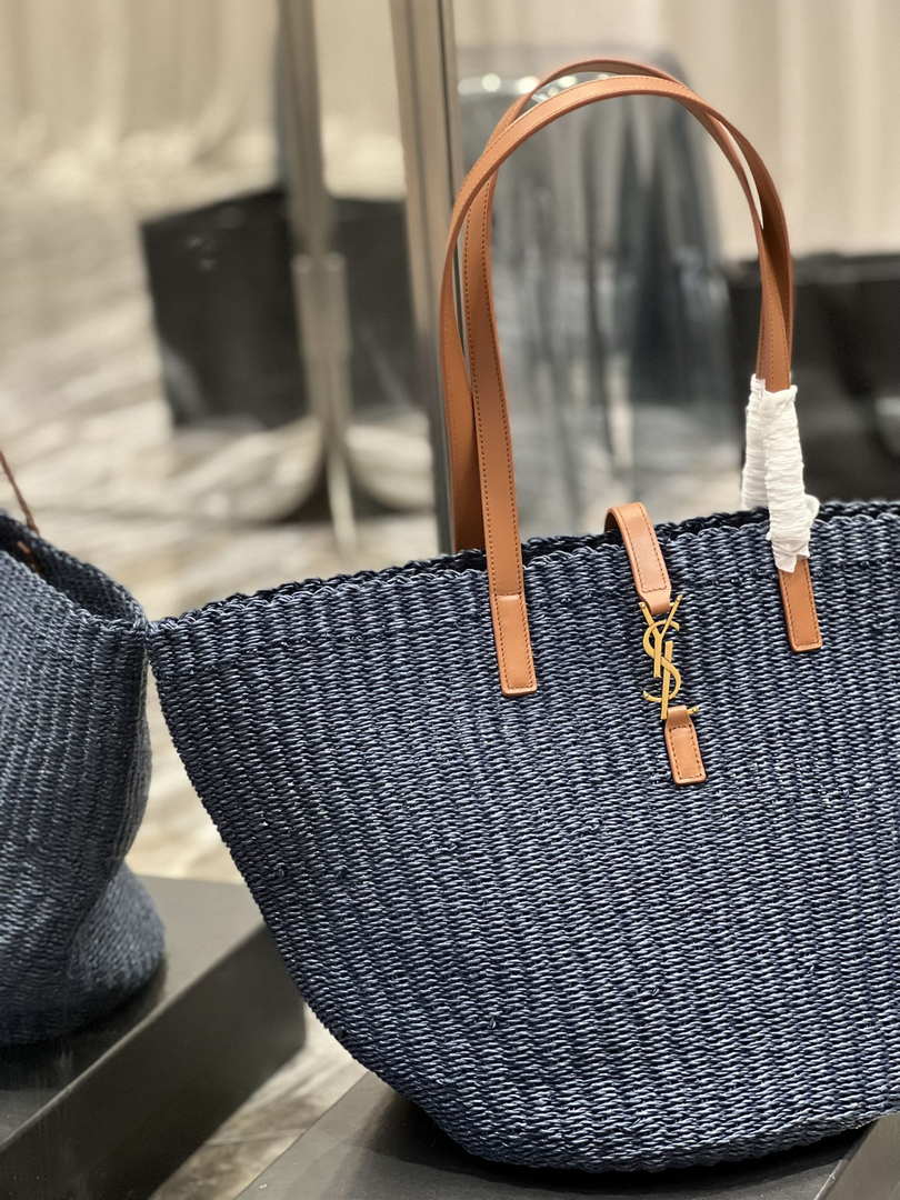 Saint Laurent 688221 YSL Panier Maxi Bag In Raffia Navy Blue - Default Title - View 4