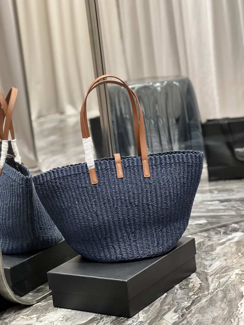 Saint Laurent 688221 YSL Panier Maxi Bag In Raffia Navy Blue