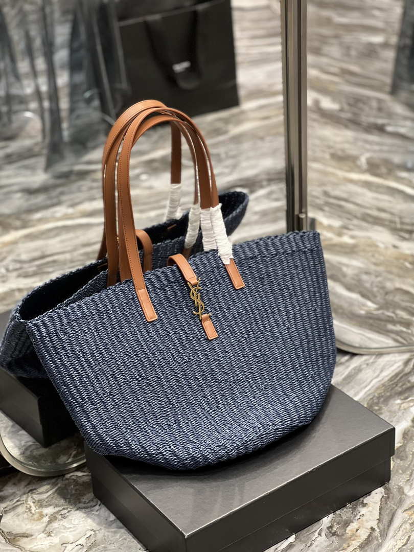 Saint Laurent 688221 YSL Panier Maxi Bag In Raffia Navy Blue