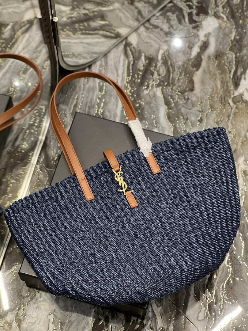 Saint Laurent 688221 YSL Panier Maxi Bag In Raffia Navy Blue - Default Title - View 8
