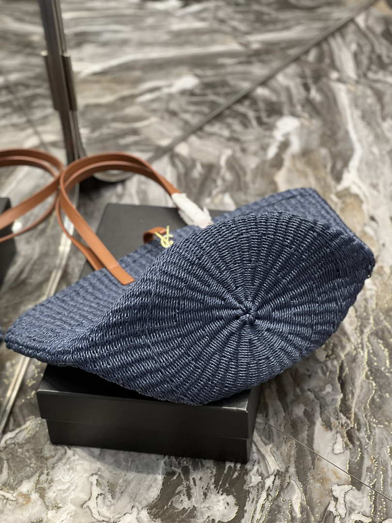 Saint Laurent 688221 YSL Panier Maxi Bag In Raffia Navy Blue - Default Title - View 9