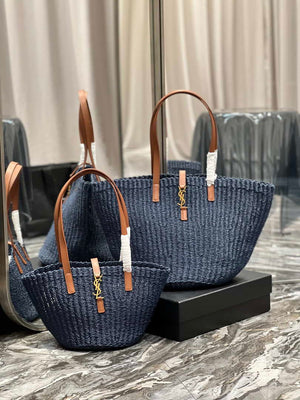 Saint Laurent 688221 YSL Panier Maxi Bag In Raffia Navy Blue - Default Title - View 10