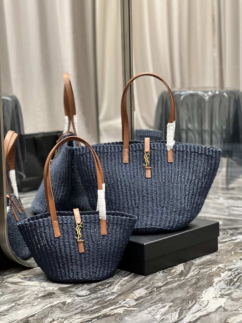 Saint Laurent 688221 YSL Panier Maxi Bag In Raffia Navy Blue - Default Title - View 10