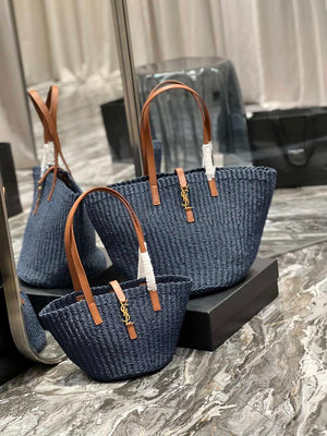 Saint Laurent 688221 YSL Panier Maxi Bag In Raffia Navy Blue - Default Title - View 11